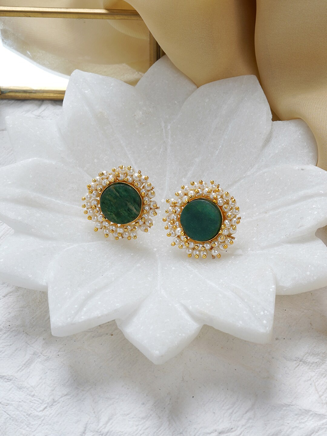 

TEEJH Gold-Plated Pearl-Studded & Beaded Circular Studs Earrings
