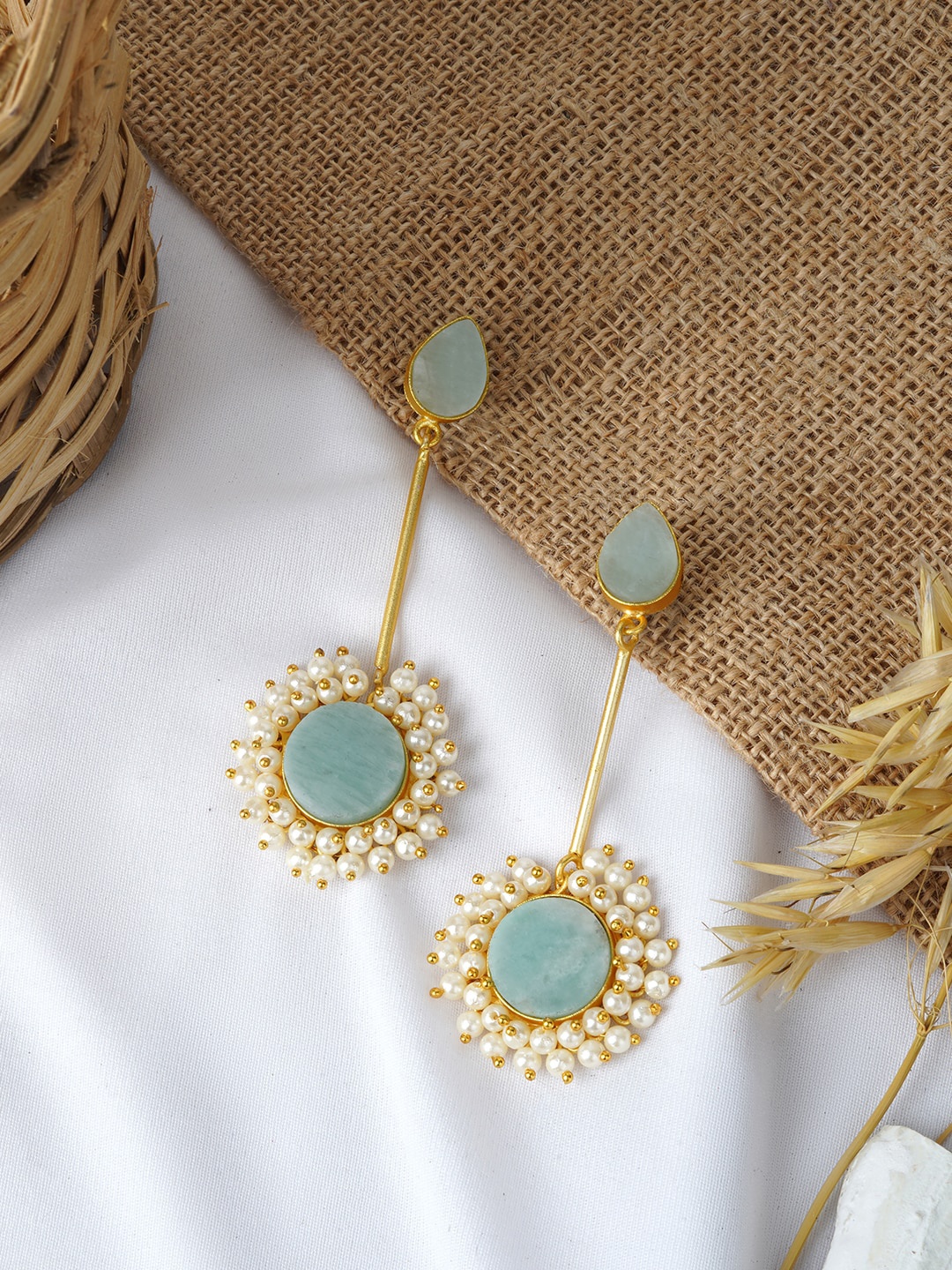 

TEEJH Gold-Pleated Contemporary Pearl And Stone Drop Earrings