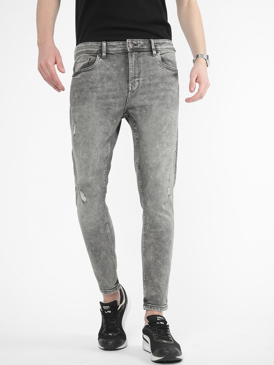 

R&B Men Relaxed Fit Mildly Distressed Heavy Fade Cotton Jeans, Grey