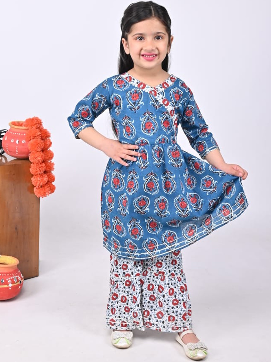 

Maaikid Girls Floral Printed Angrakha Pure Cotton Kurta With Sharara, Blue