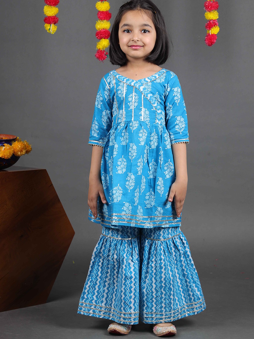

Maaikid Girls Blue Ethnic Motifs Printed Angrakha Gotta Patti Pure Cotton Kurta with Sharara