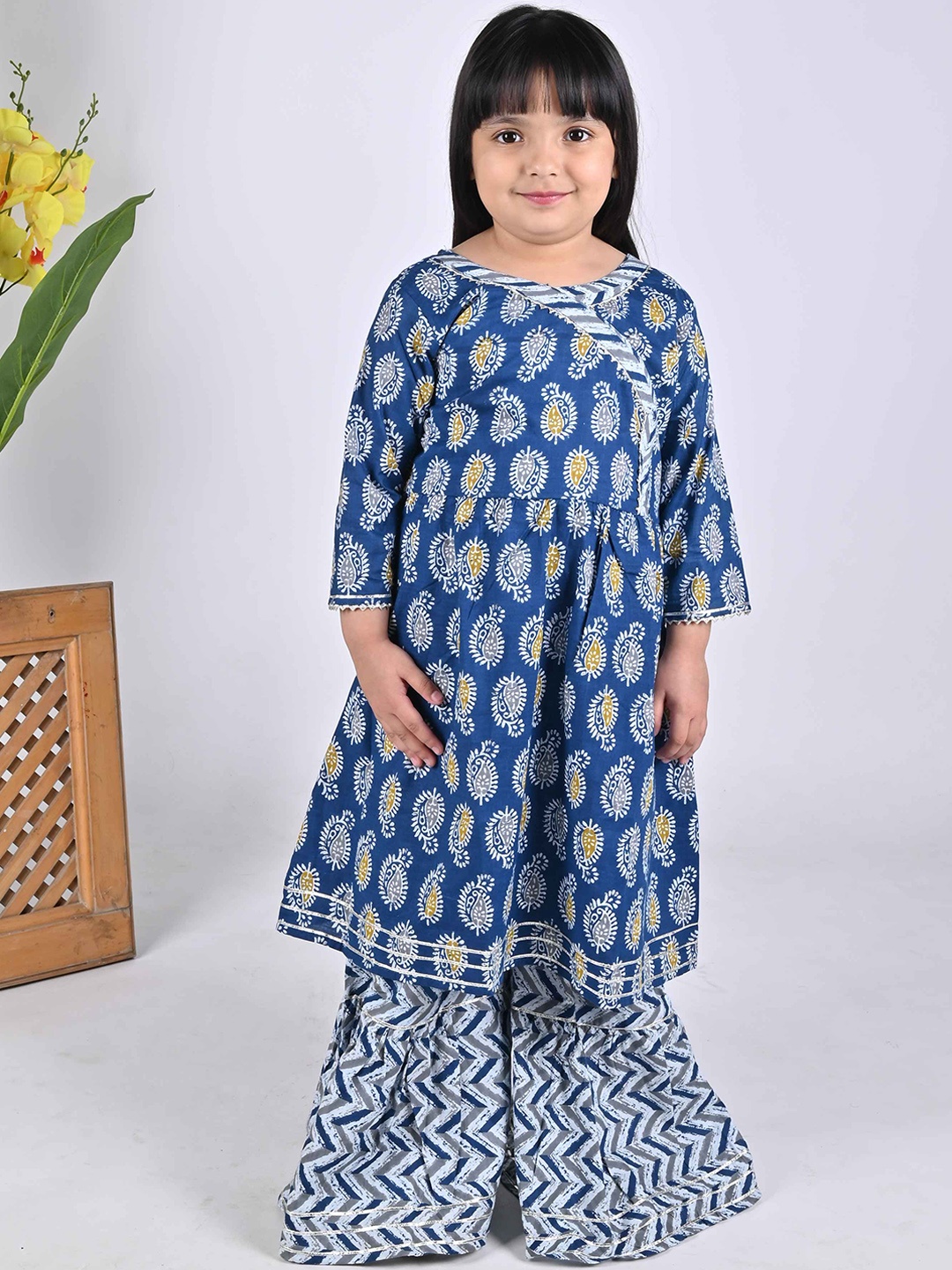 

Maaikid Girls Floral Printed Angrakha Gotta Patti Pure Cotton Kurta with Sharara, Blue