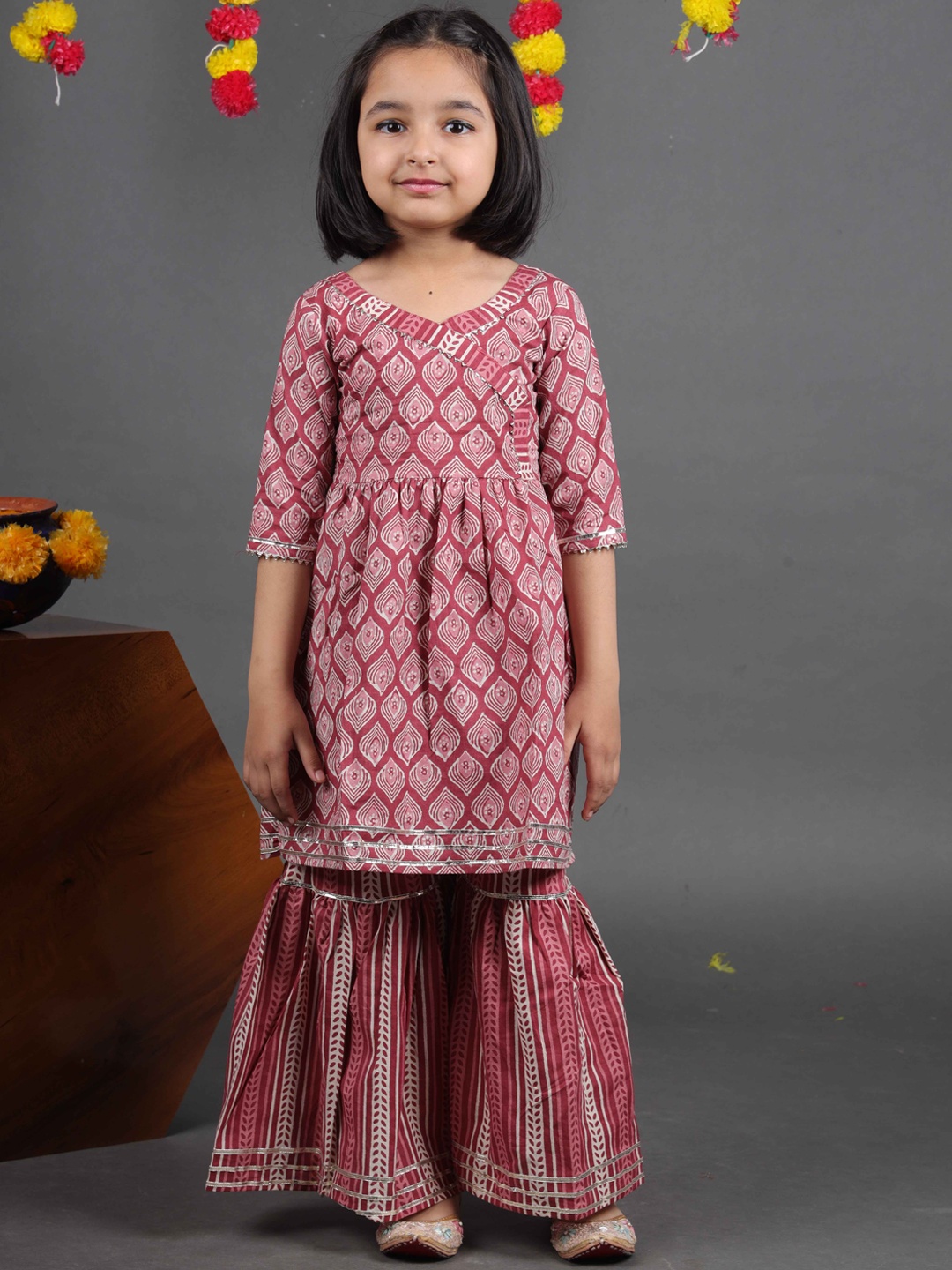 

Maaikid Girls Ethnic Motifs Printed Gotta Patti Pure Cotton Kurta With Sharara, Brown
