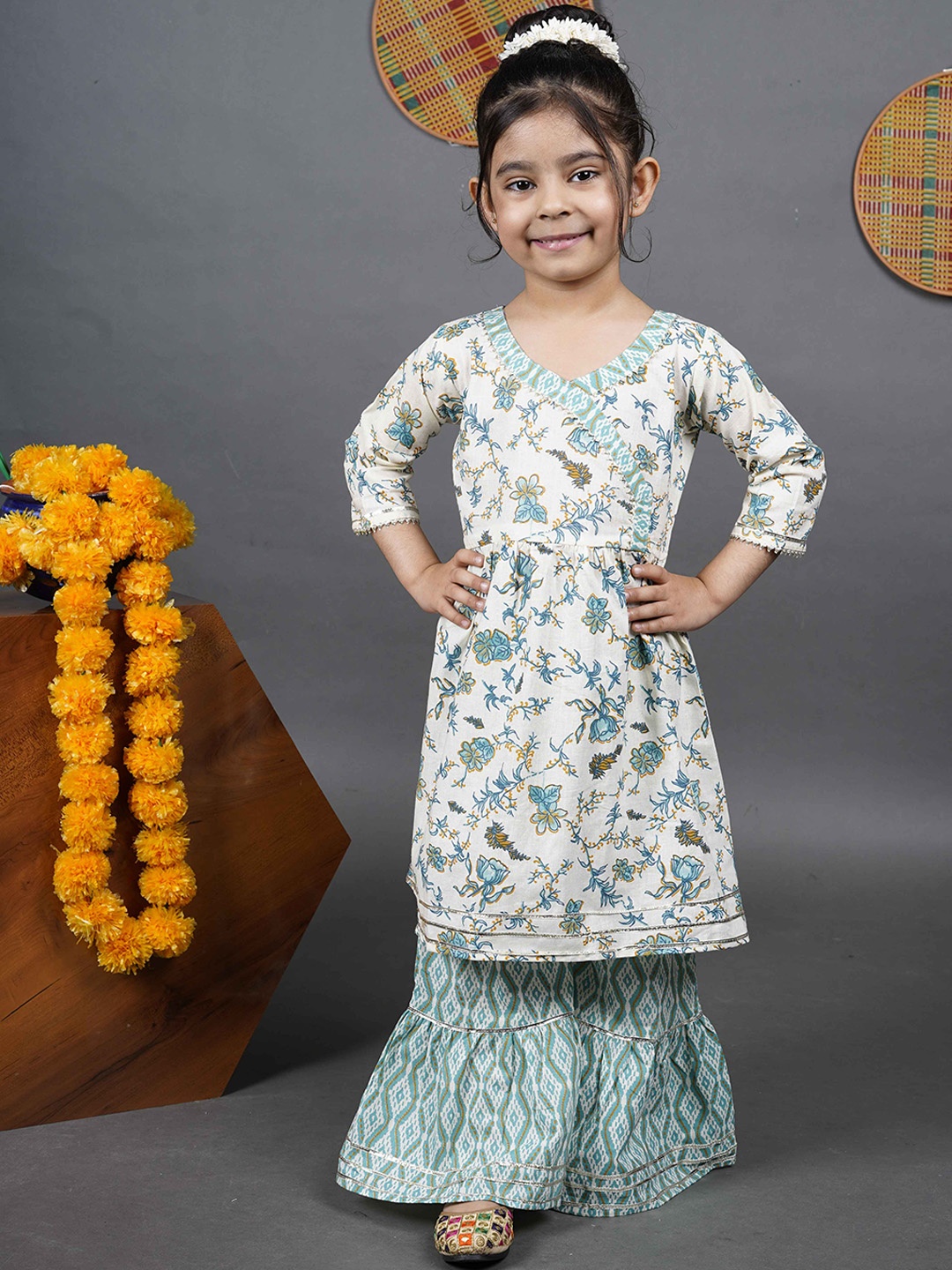 

Maaikid Girls Floral Printed Angrakha Pure Cotton Kurta with Sharara, White