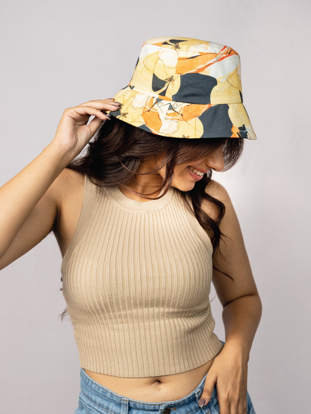 

HAIR DRAMA CO. Abstract Printed Bucket Hat, Yellow