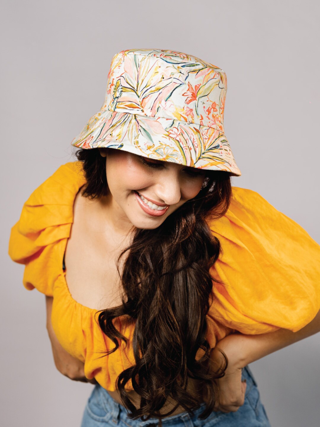 

HAIR DRAMA CO. Women Floral Printed Bucket Hat, Orange