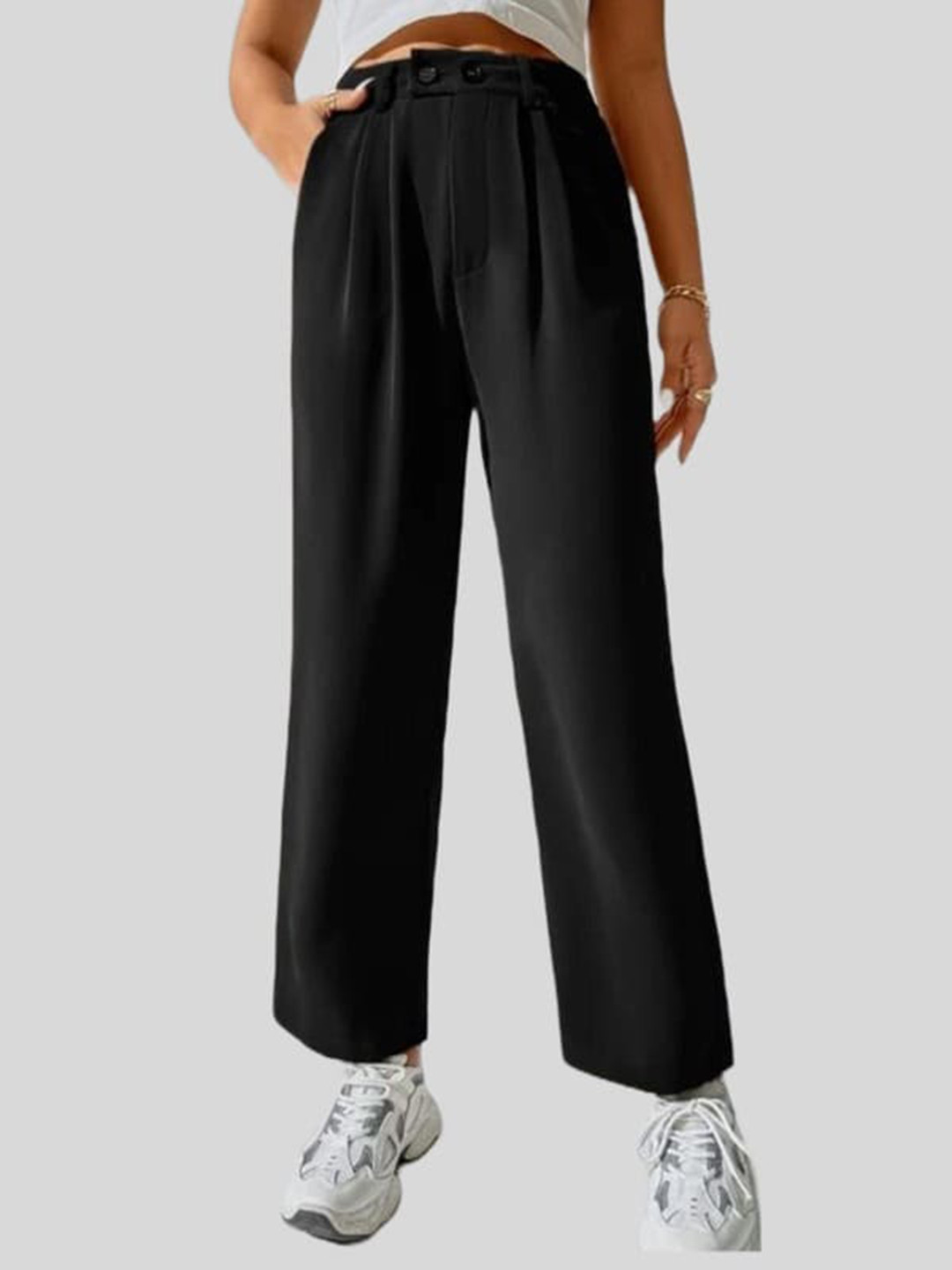

FNOCKS Women Comfort Pure Cotton Pleated Parallel Trousers, Black