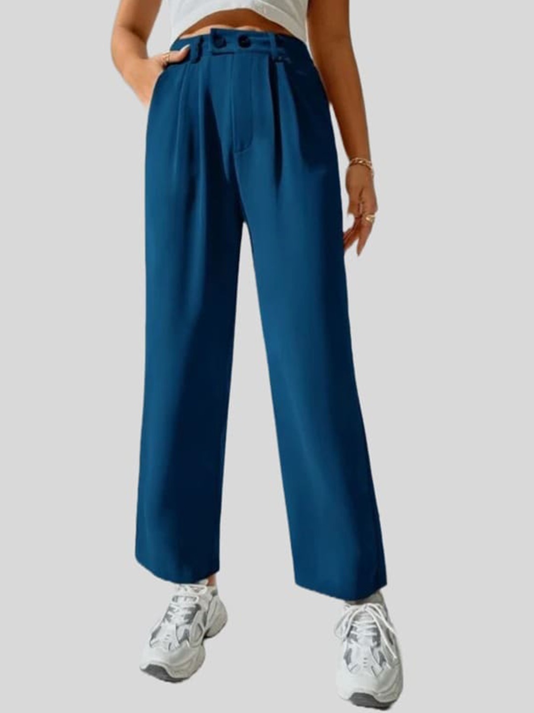 

FNOCKS Women Comfort Pure Cotton Pleated Parallel Trousers, Blue
