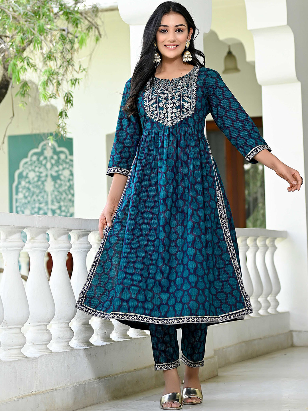 

Ramas Ethnic Motifs Printed Zari Pure Cotton Kurta with Trousers, Teal