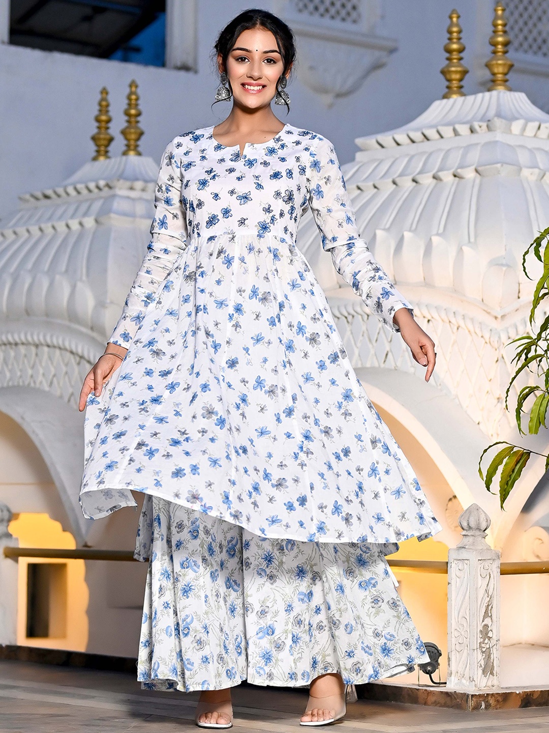 

Ramas Floral Printed Pure Cotton A-Line Kurta With Palazzos & Dupatta, White