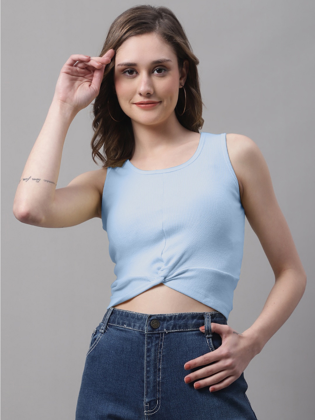 

FBAR Round Neck Cotton Twisted Crop Top, Turquoise blue