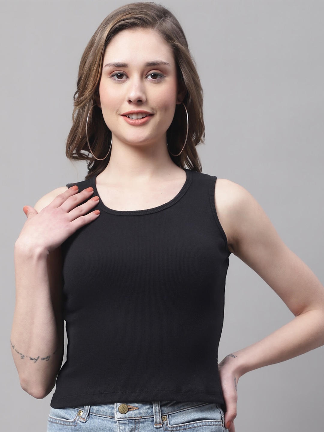 

FBAR Round Neck Fitted Cotton Top, Black
