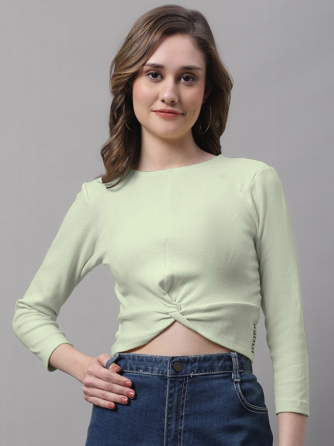 

FBAR Round Neck Cotton Twisted Crop Top, Sea green