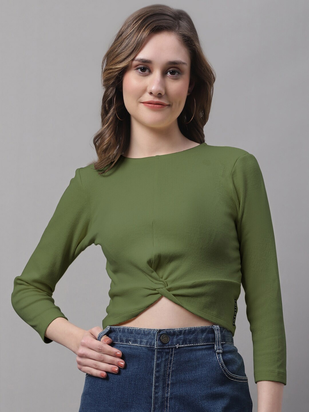 

FBAR Round Neck Twisted Cotton Crop Top, Olive