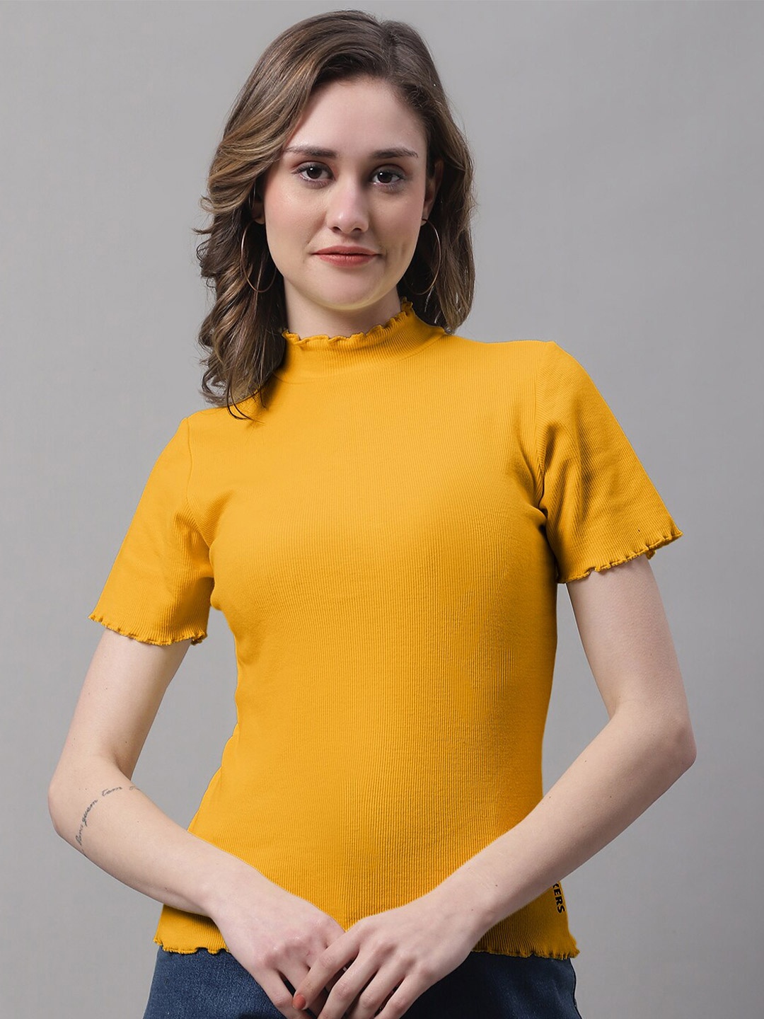 

FBAR High Neck Ribbed Fitted Cotton Top, Gold