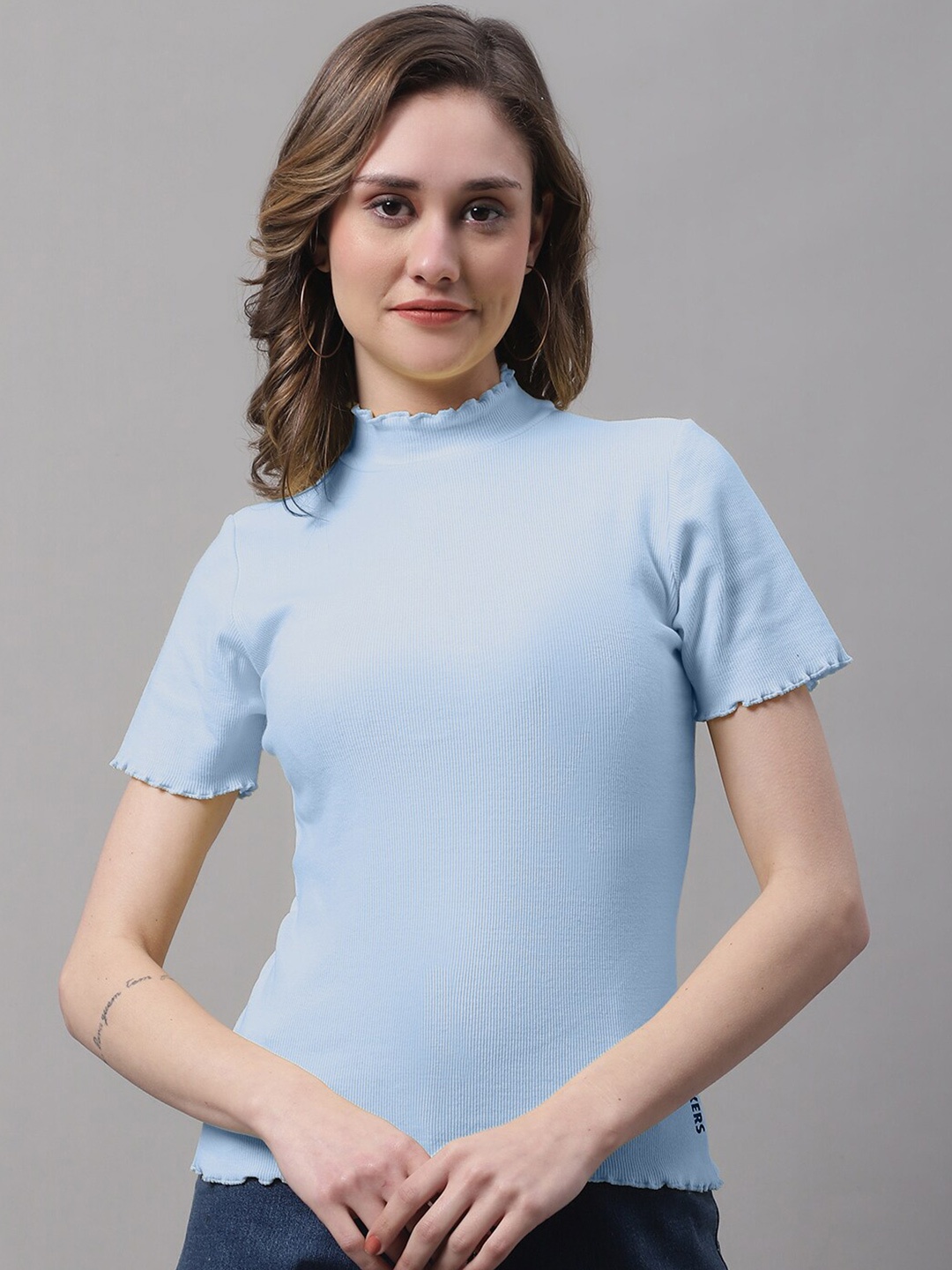 

FBAR High Neck Ribbed Cotton Top, Turquoise blue