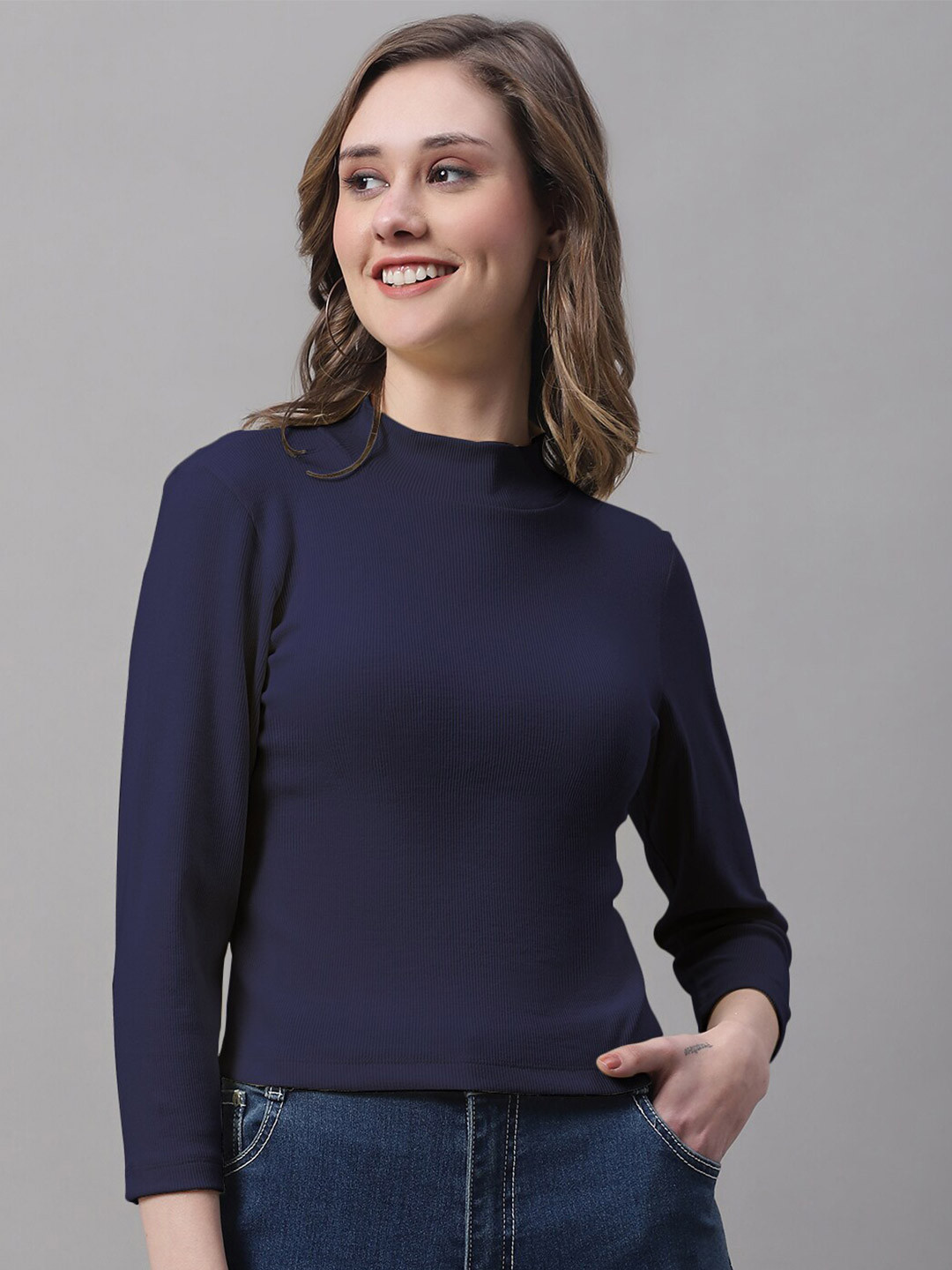 

FBAR High Neck Long Sleeves Ribbed Cotton Top, Navy blue