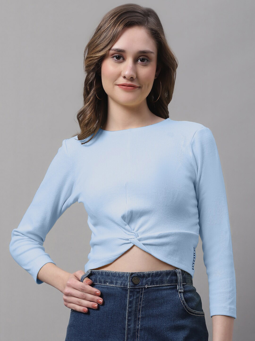 

FBAR Round Neck Twisted Cotton Crop Top, Blue