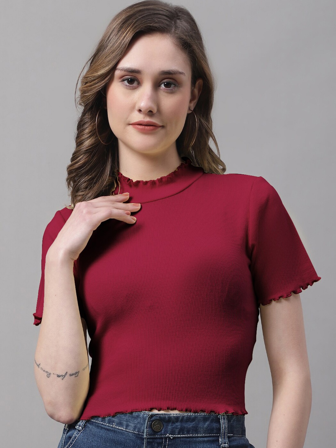 

FBAR High Neck Short Sleeves Cotton Top, Maroon