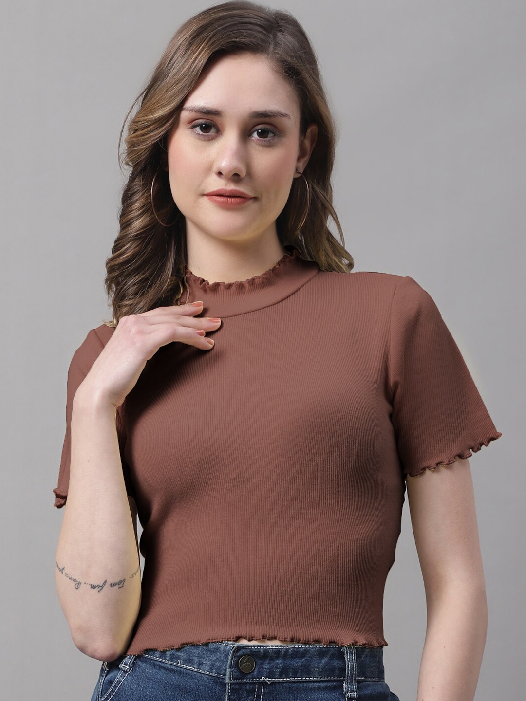 

FBAR High Neck Bio Wash Skin Friendly Cotton Regular Top, Brown