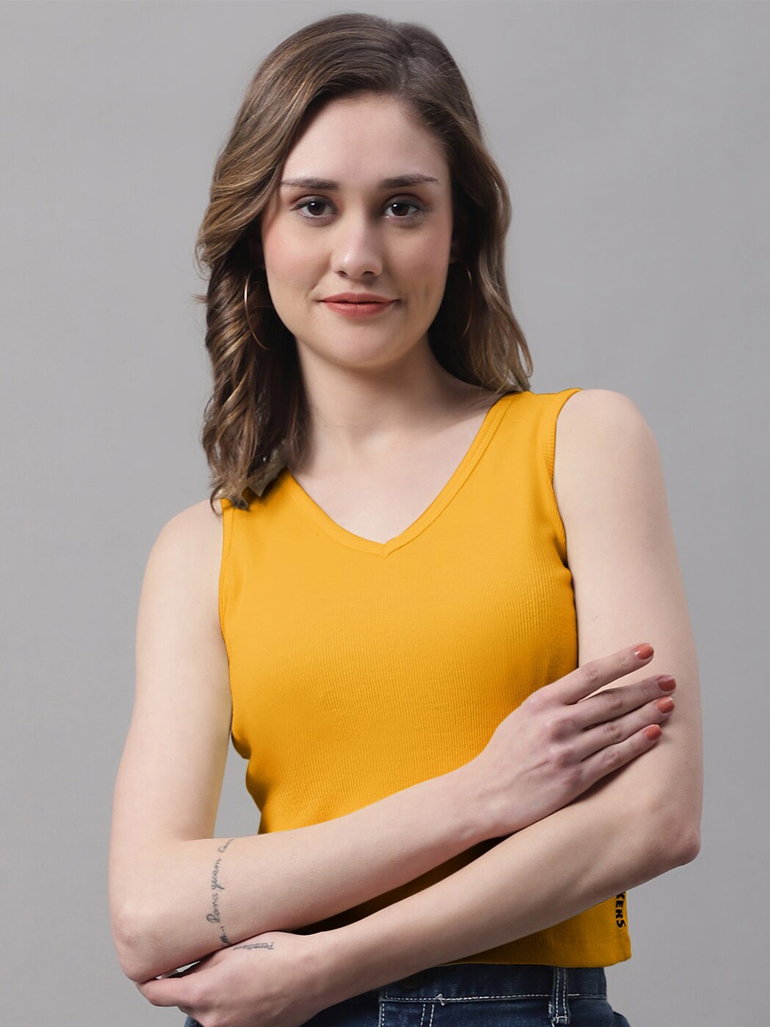 

FBAR V-Neck Sleeveless Ribbed Cotton Top, Yellow