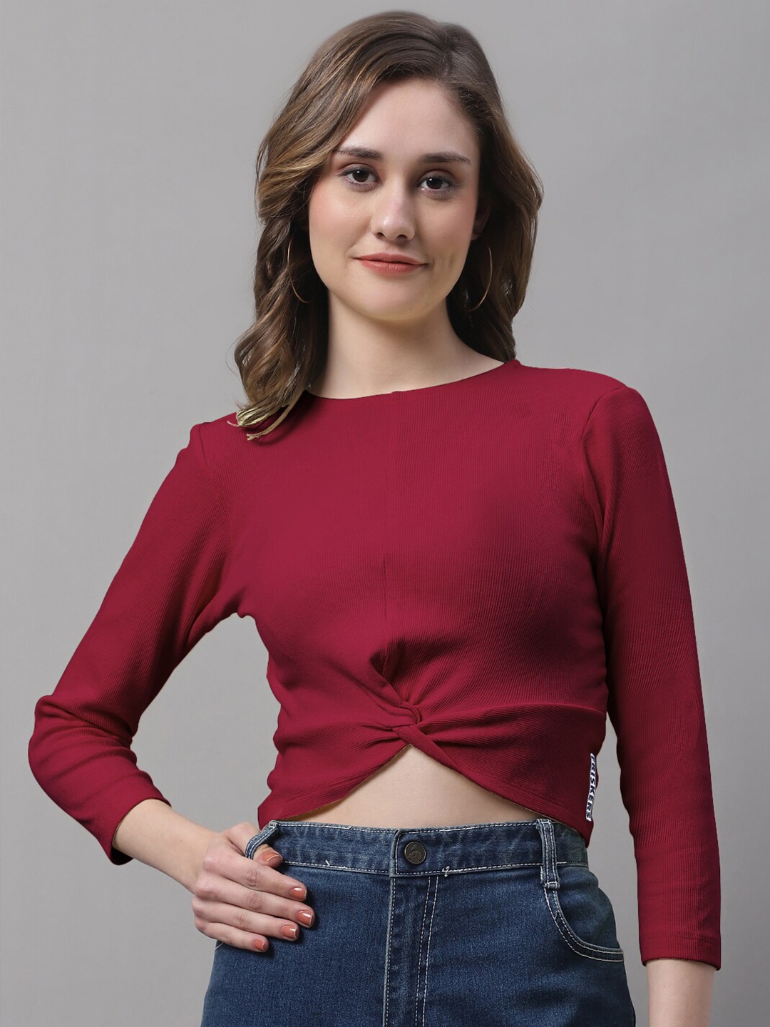 

FBAR Round Neck Twisted Cotton Crop Top, Maroon