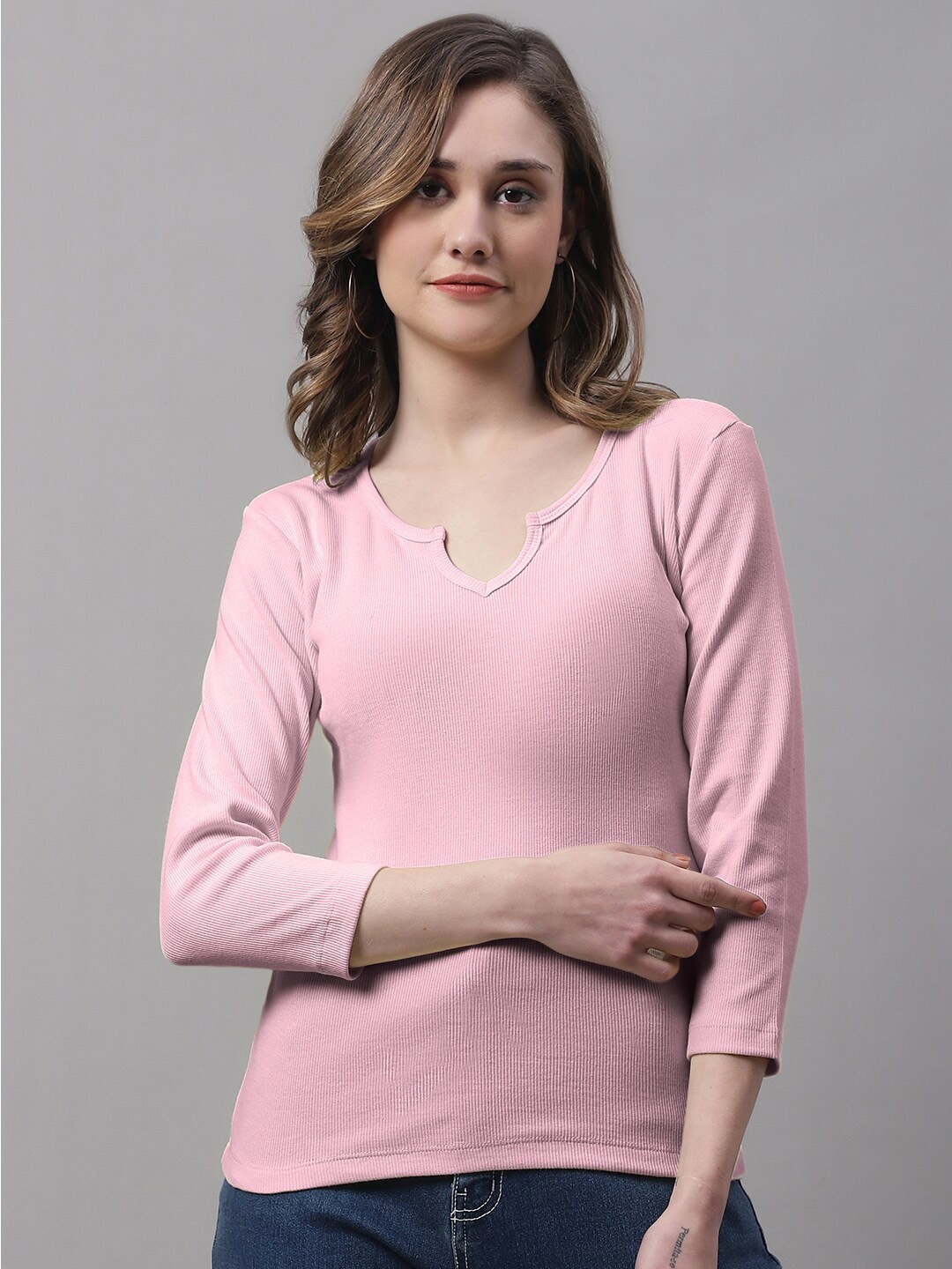 

FBAR V-Neck Three Quarter Sleeves Cotton Top, Pink