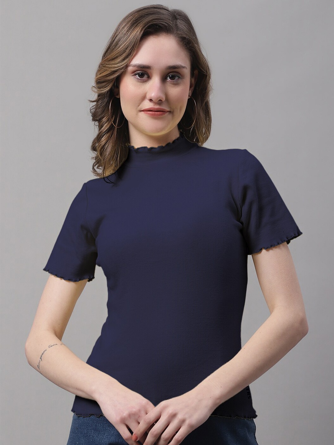 

FBAR Turtle Neck Cotton Ribbed Fitted Top, Navy blue