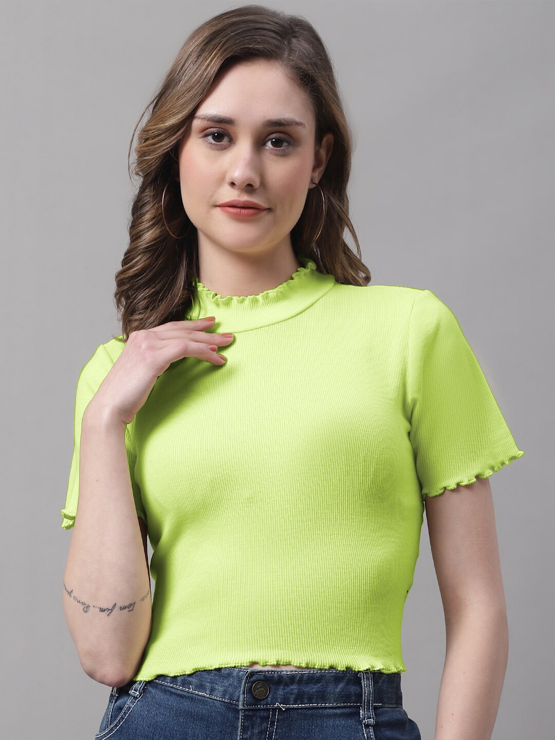 

FBAR High Neck Cotton Regular Top, Fluorescent green