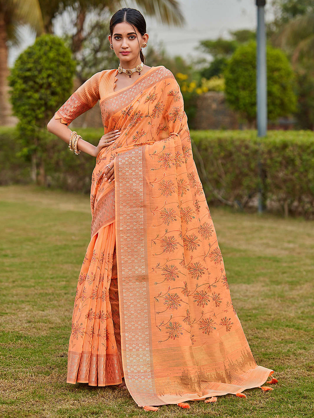 

Mitera Orange & Red Floral Embroidered Pure Linen Saree