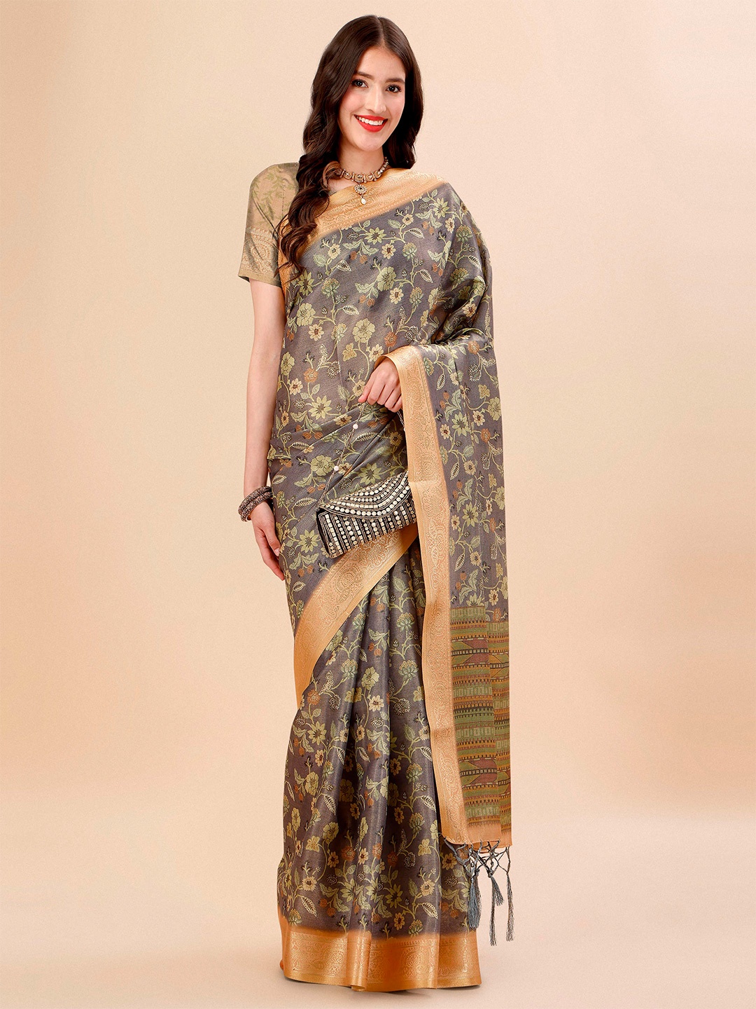 

Mitera Grey & Orange Floral Zari Silk Cotton Kanjeevaram Saree