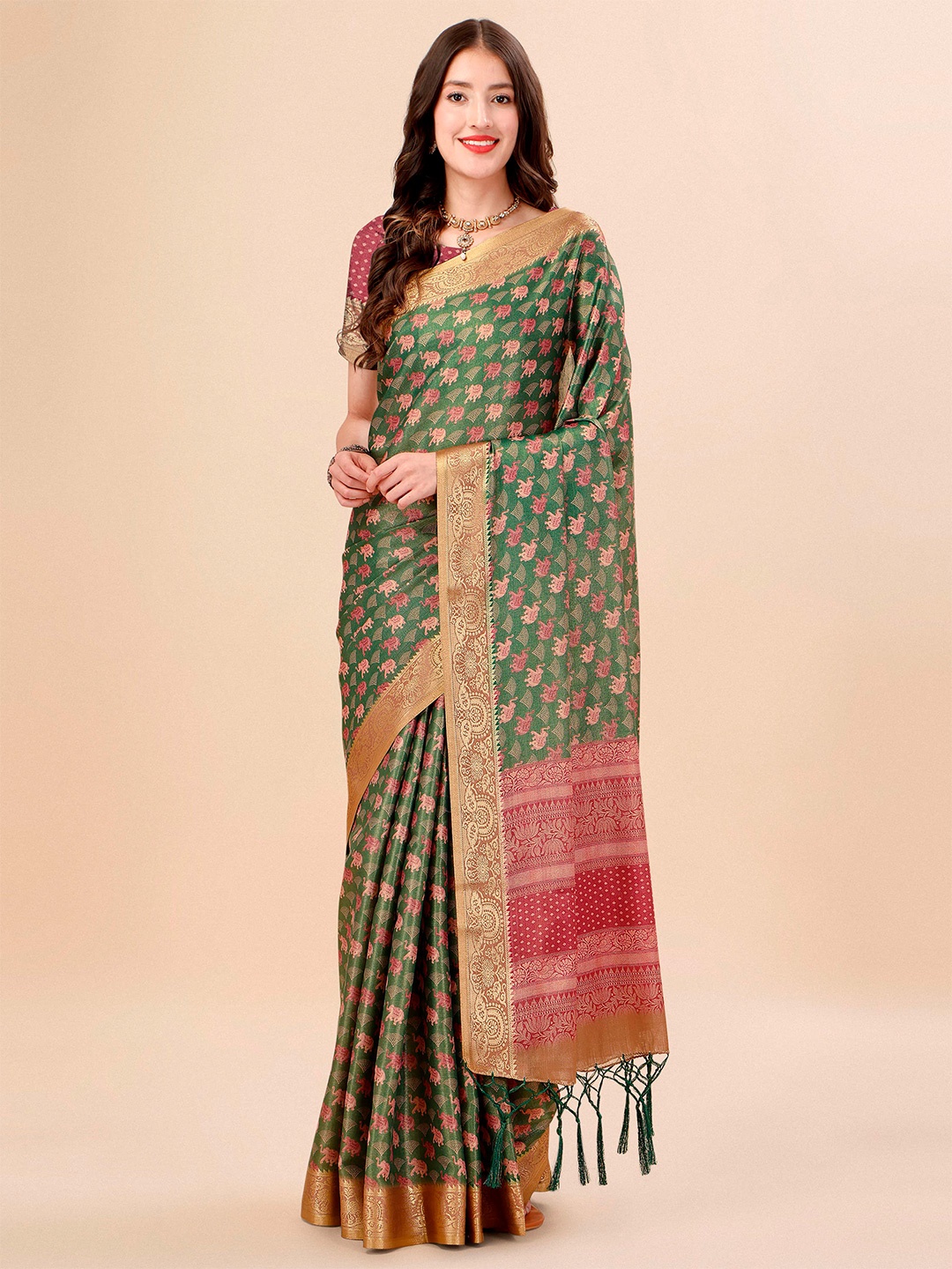 

Mitera Green & Maroon Ethnic Motifs Zari Silk Cotton Kanjeevaram Saree