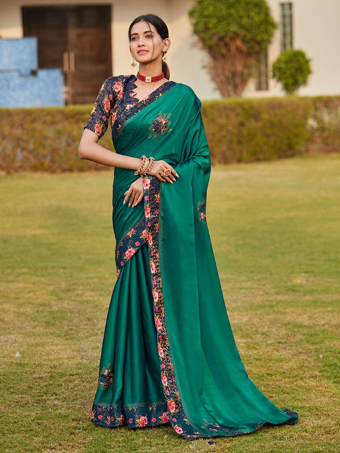 

Mitera Sea Green & Blue Floral Embellished Silk Blend Saree