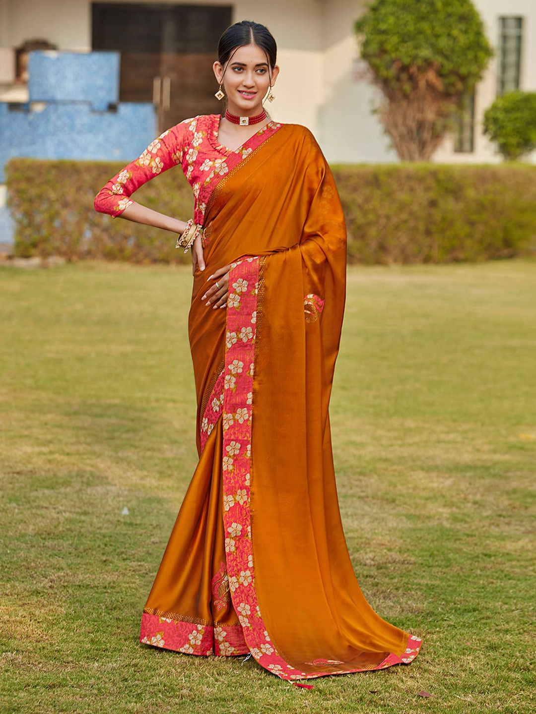 

Mitera Mustard & Red Saree Floral Woven Design Border Saree