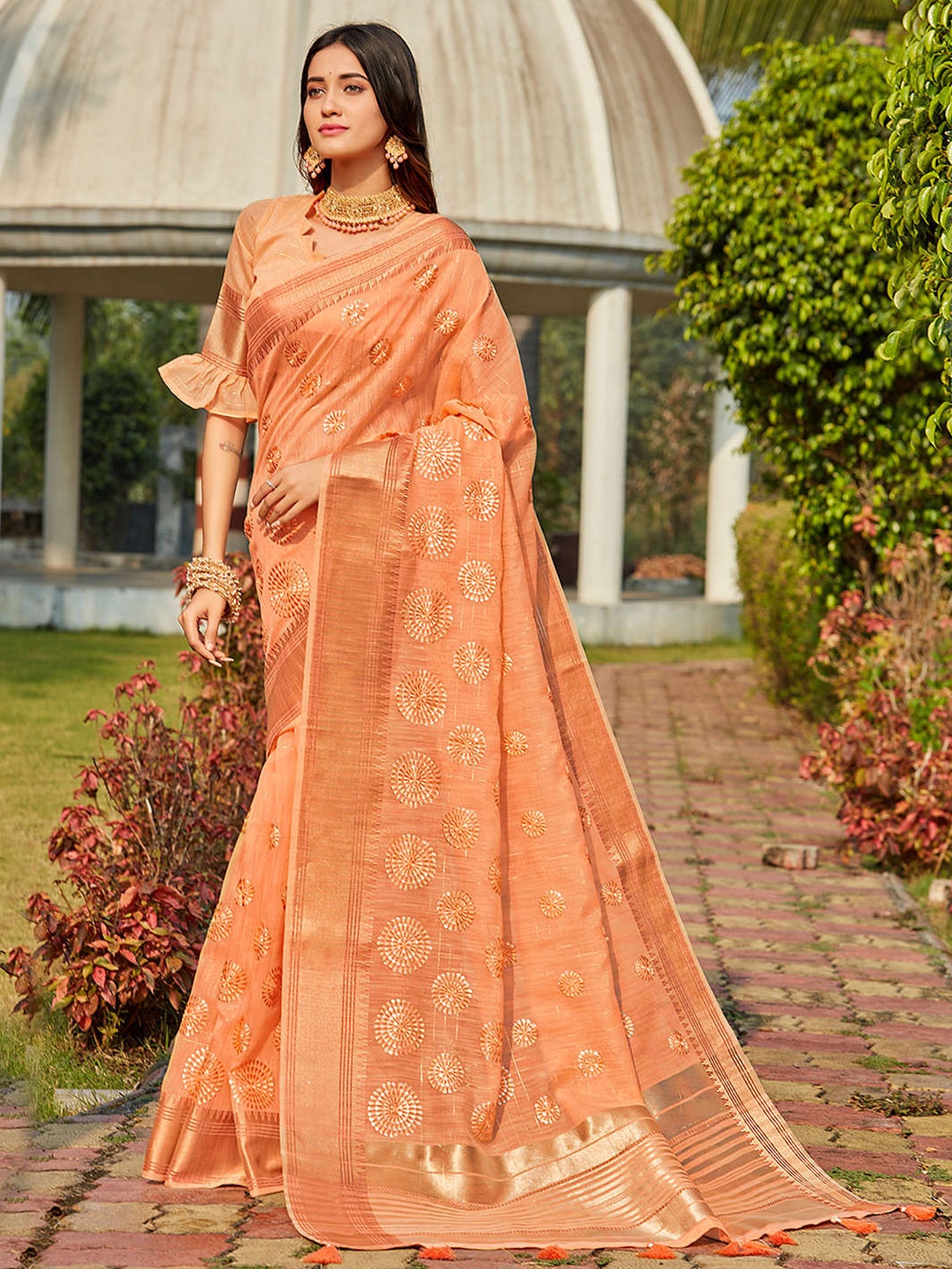 

Mitera Orange & Gold-Toned Sequinned Embellished Zari Pure Linen Saree