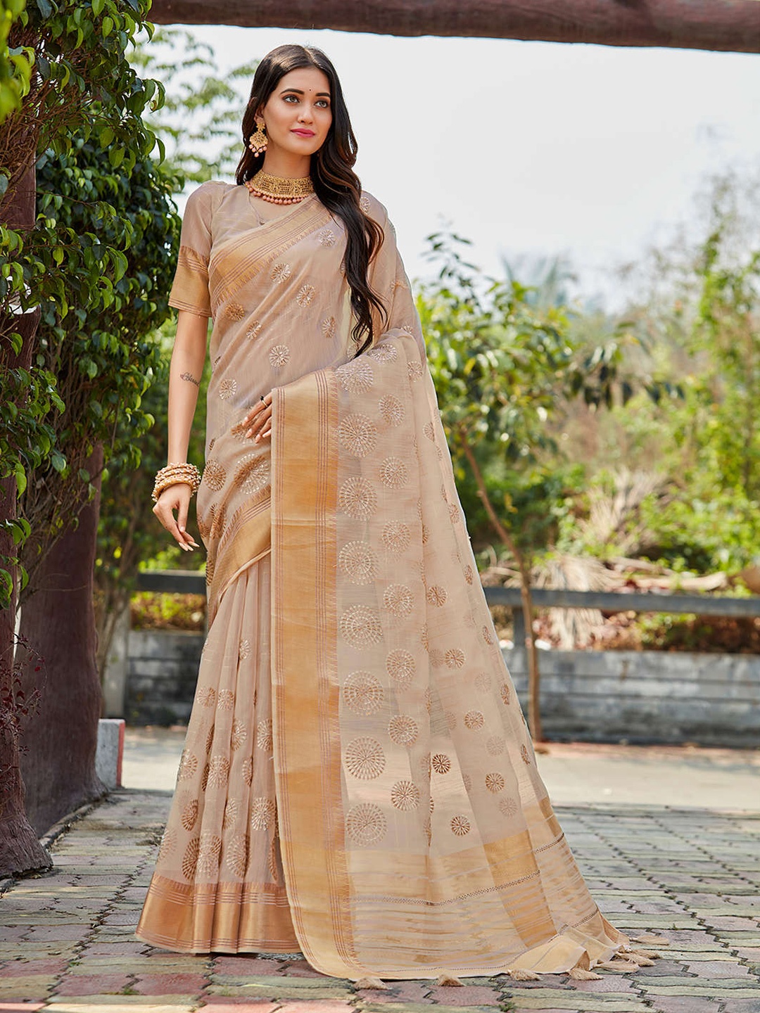 

Mitera Beige & Gold-Toned Sequinned Embellished Zari Pure Linen Saree
