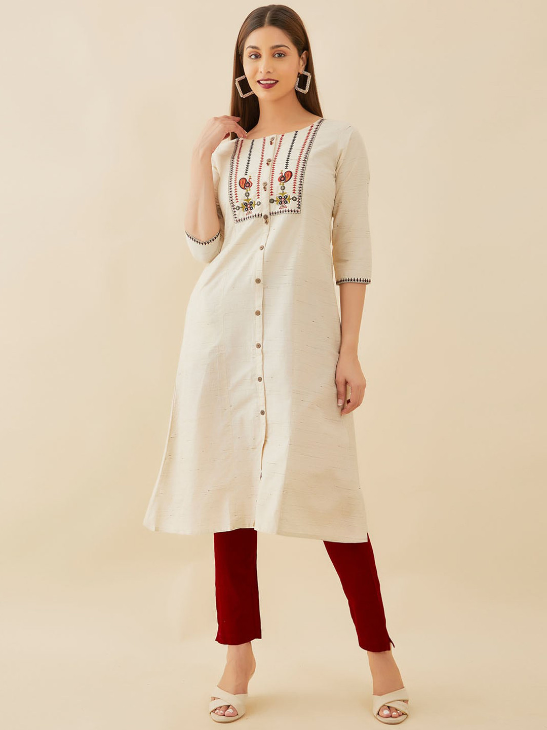 

Maybell Geometric Embroidered Yoke Design Straight Silk Kurta, Beige