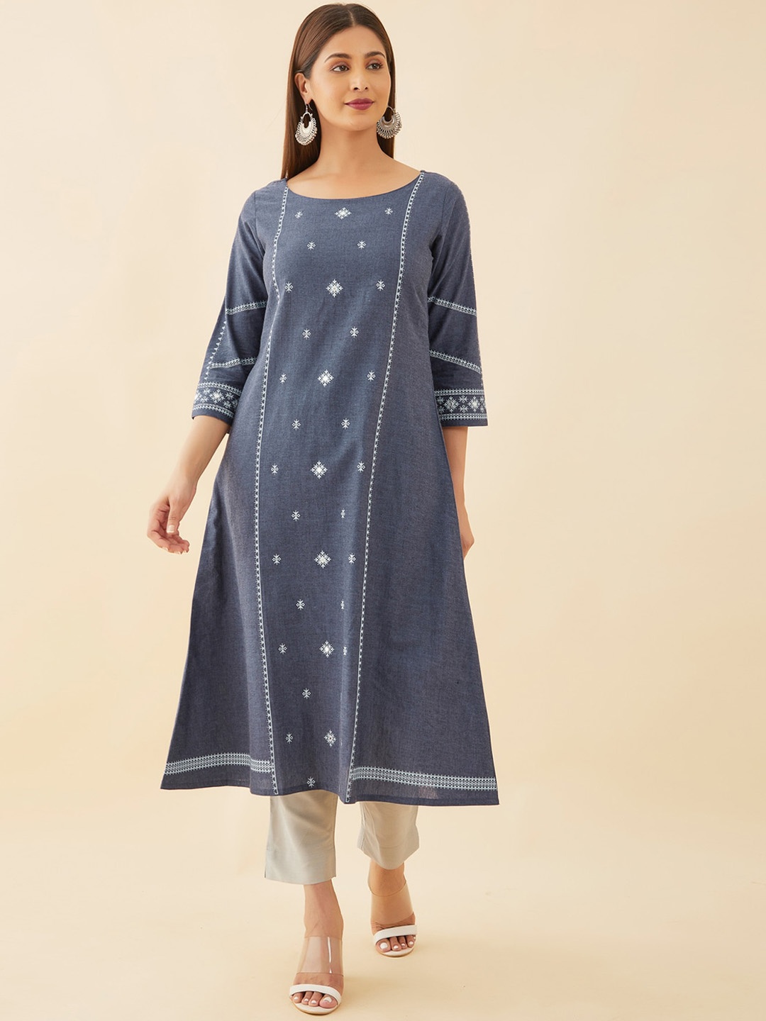 

Maybell Ethnic Embroidered Pure Cotton A-Line Kurta, Blue