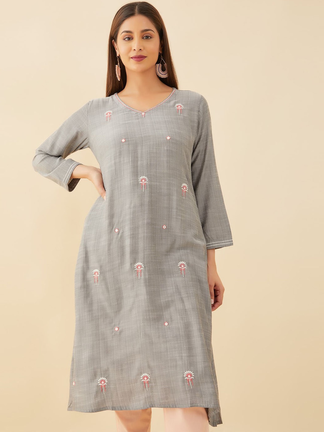 

Maybell Floral Embroidered V-Neck Straight Kurta, Grey