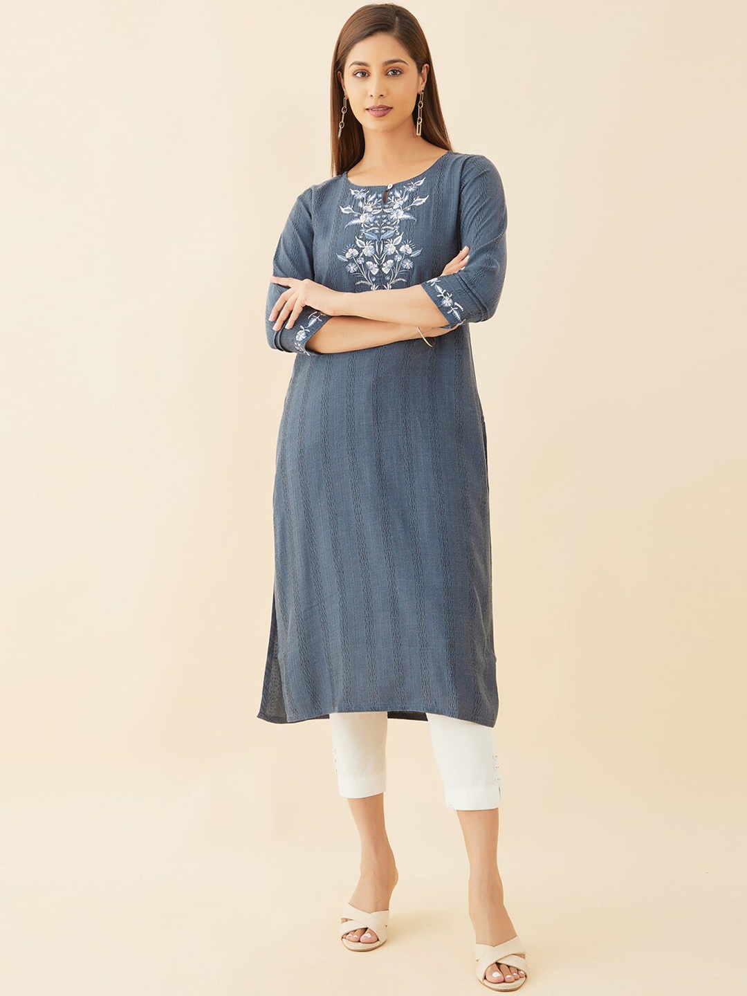 

Maybell Floral Embroidered Yoke Design Straight Kurta, Blue
