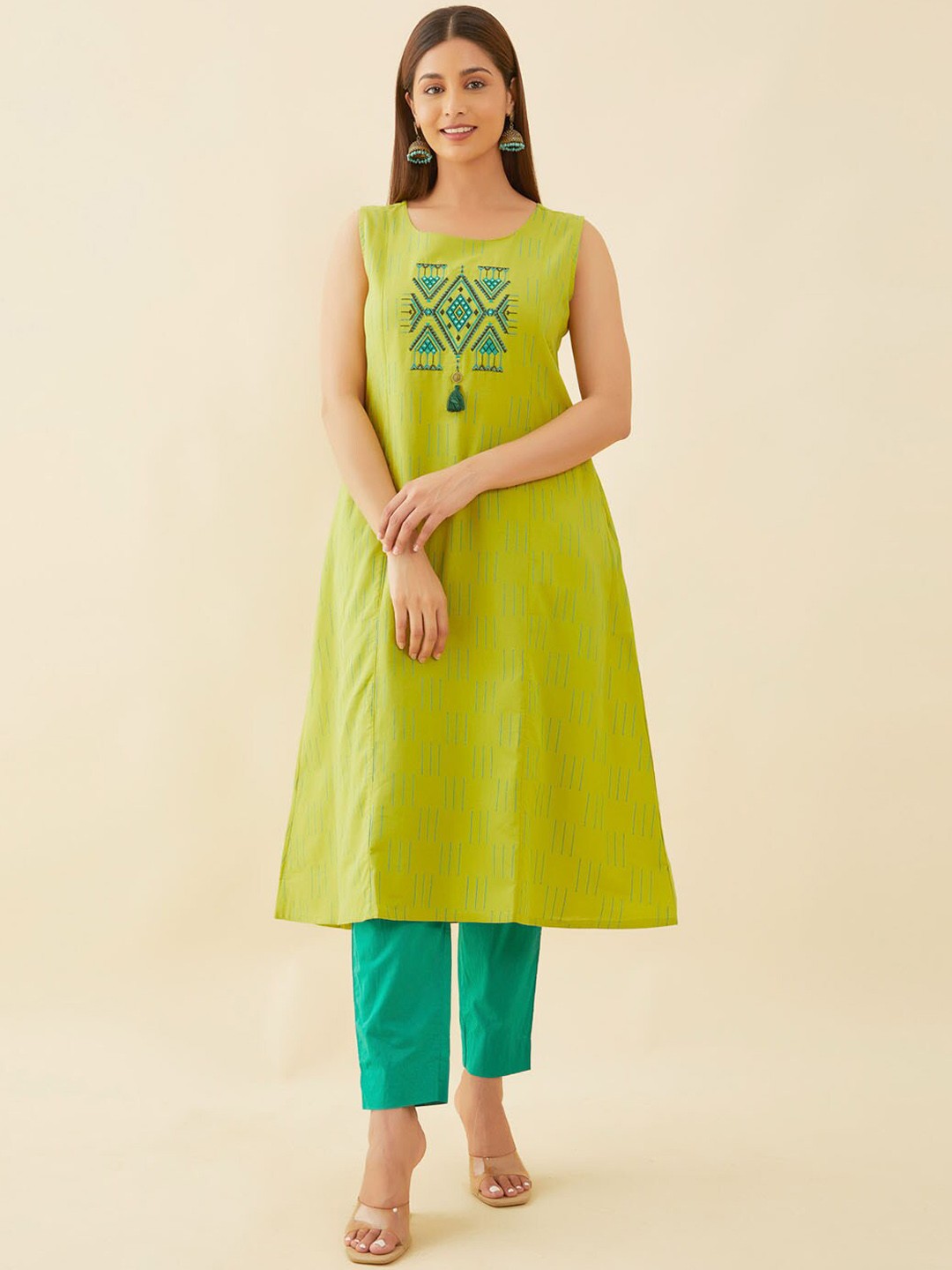 

Maybell Ethnic Motifs Embroidered A-Line Pure Cotton Kurta, Lime green