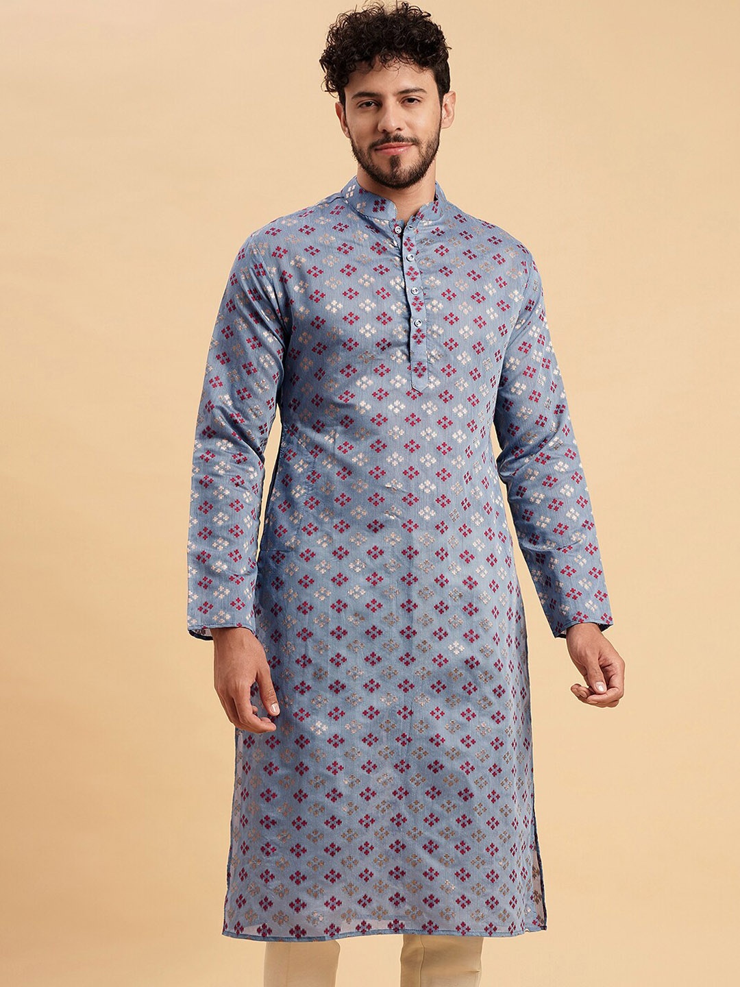 

Vrundavan ethics Geometric Printed Thread Work Jacquard Straight Kurta, Blue