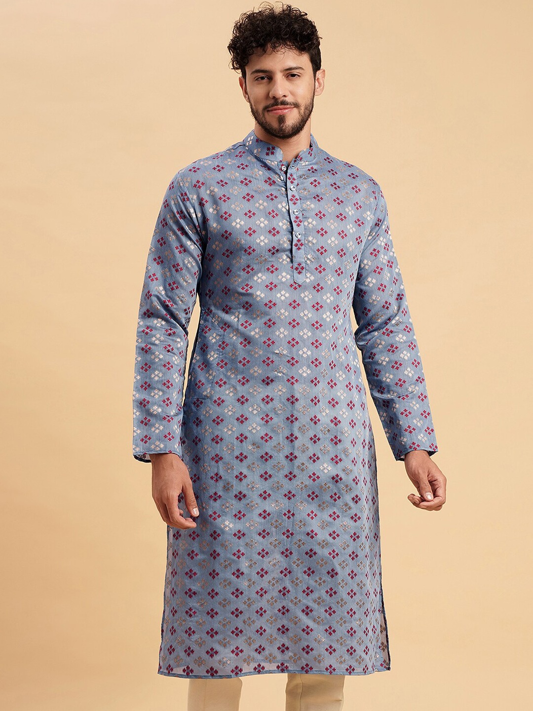 Vrundavan ethics Woven design Mandarin Collar Jacquard Cotton Kurta, Blue