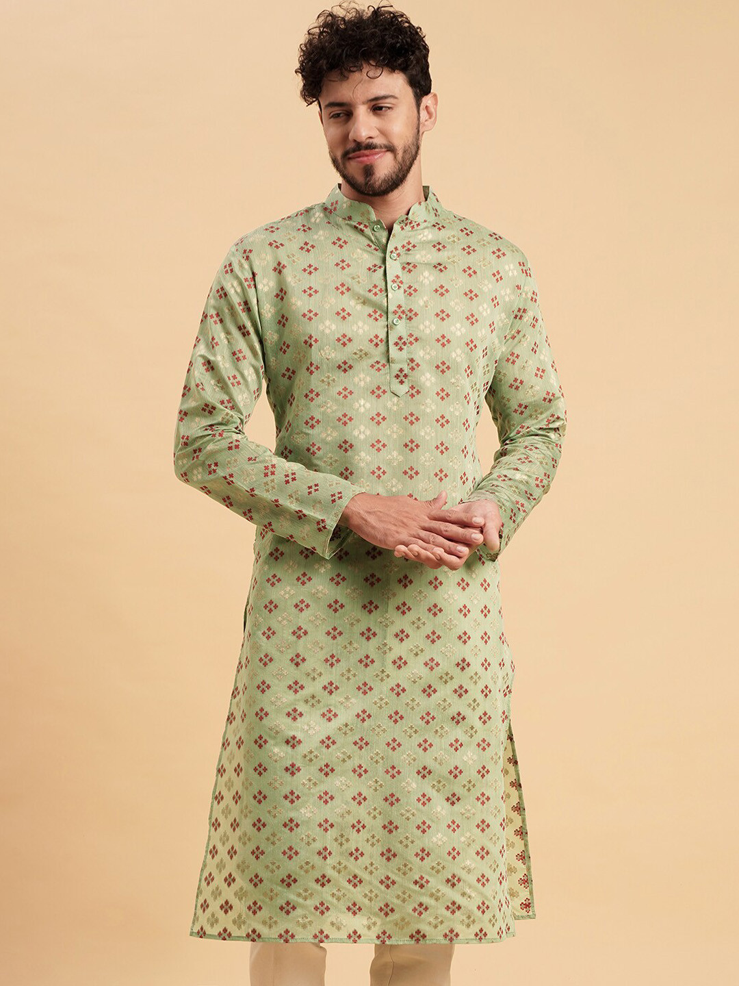 

Vrundavan ethics Woven design Mandarin Collar Jacquard Cotton Kurta, Green