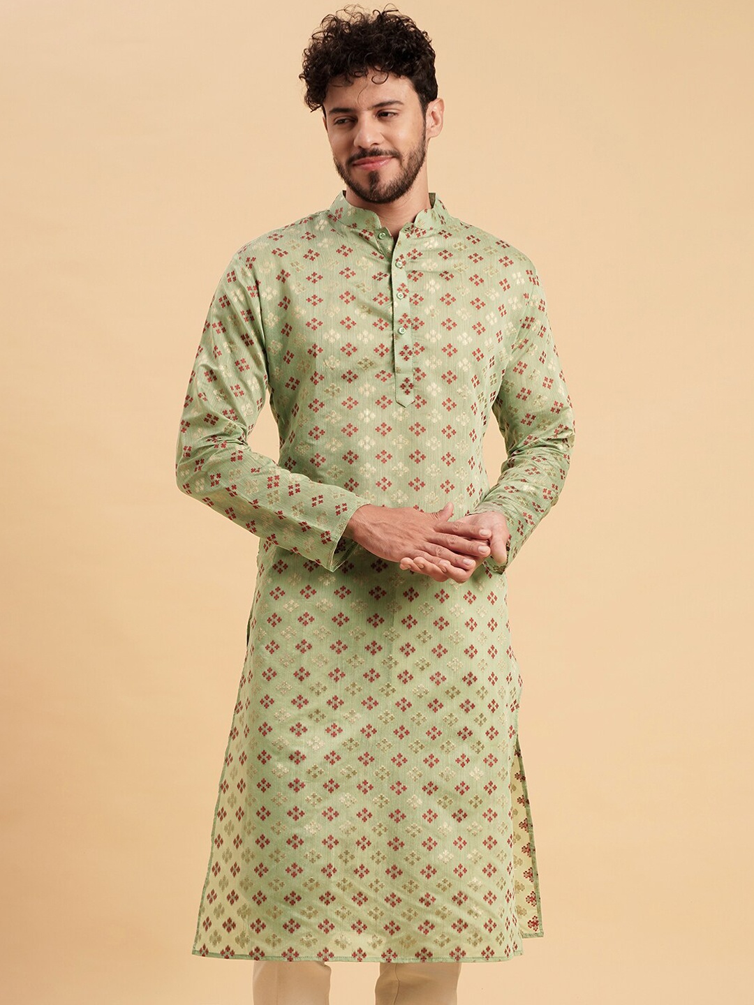 

Vrundavan ethics Woven design Mandarin Collar Jacquard Cotton Kurta, Green