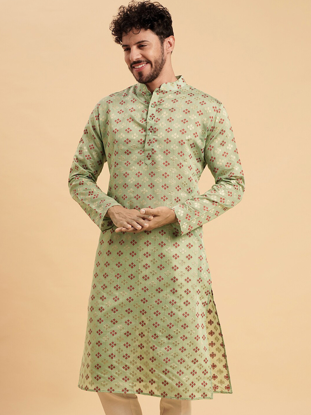 

Vrundavan ethics Woven design Mandarin Collar Jacquard Cotton Kurta, Green
