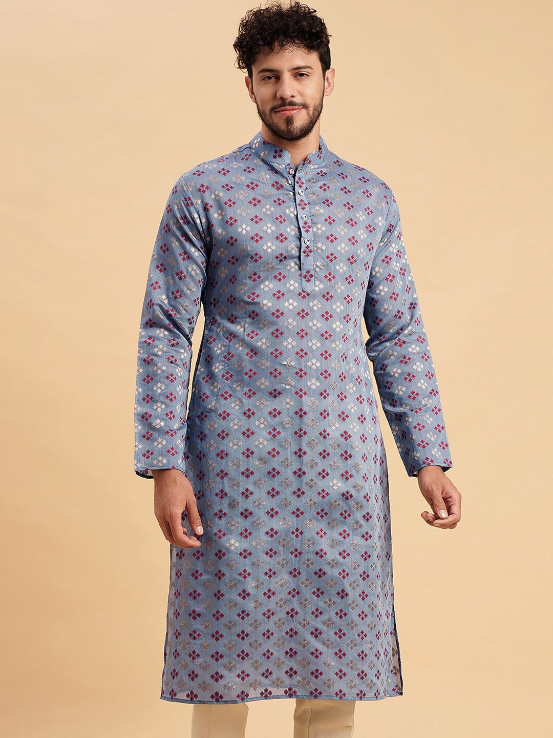 

Vrundavan ethics Woven design Mandarin Collar Jacquard Cotton Kurta, Blue