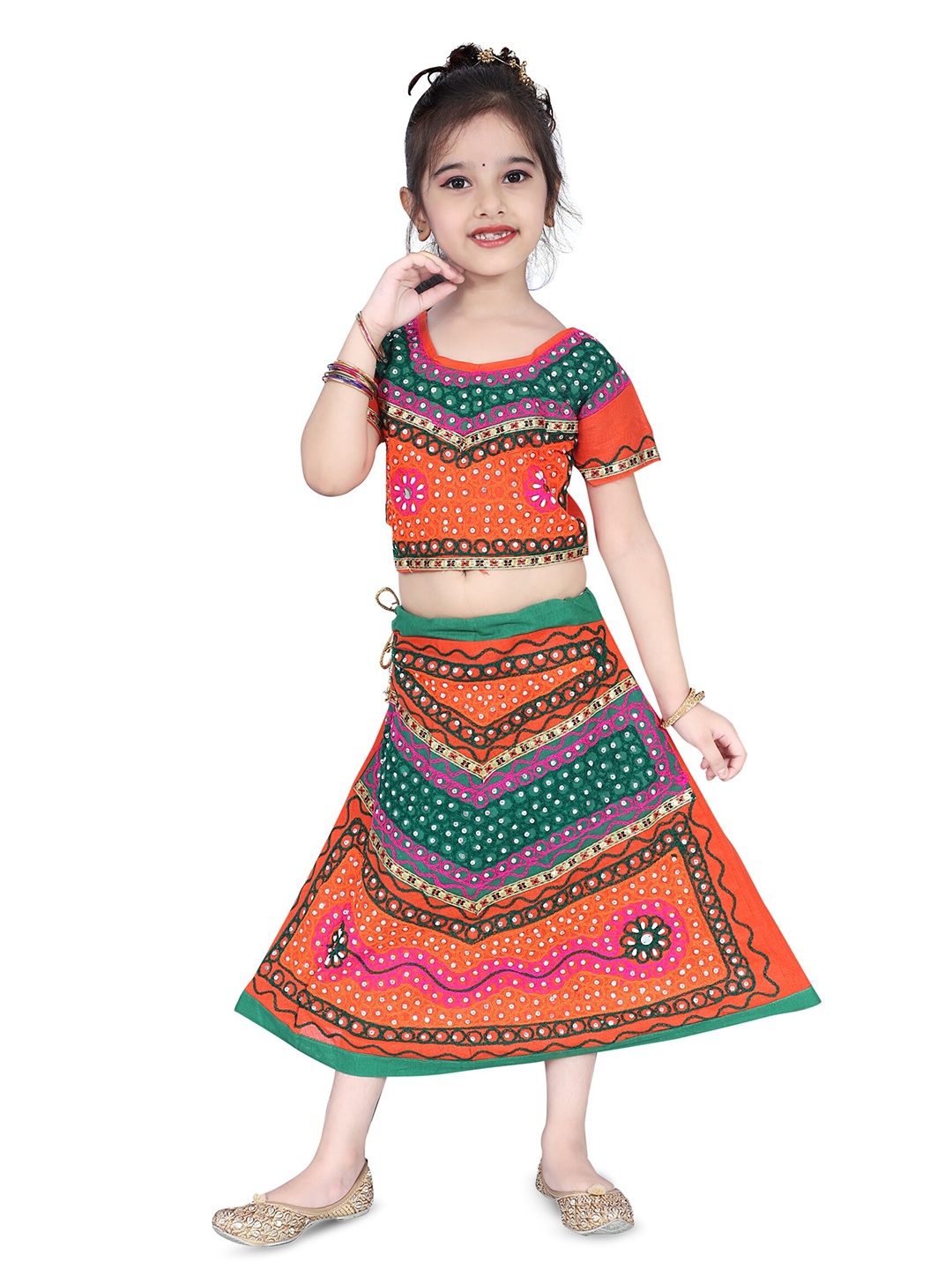 

BAESD Girls Embroidered Mirror Work Ready to Wear Cotton Lehenga & Blouse, Orange