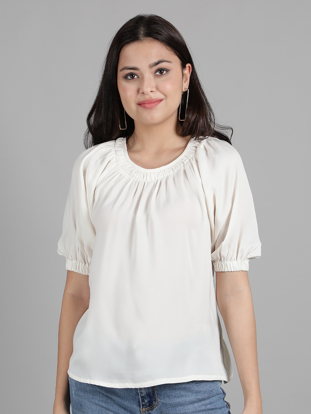 

NUEVOSDAMAS Gathered Puff Sleeves Top, Off white