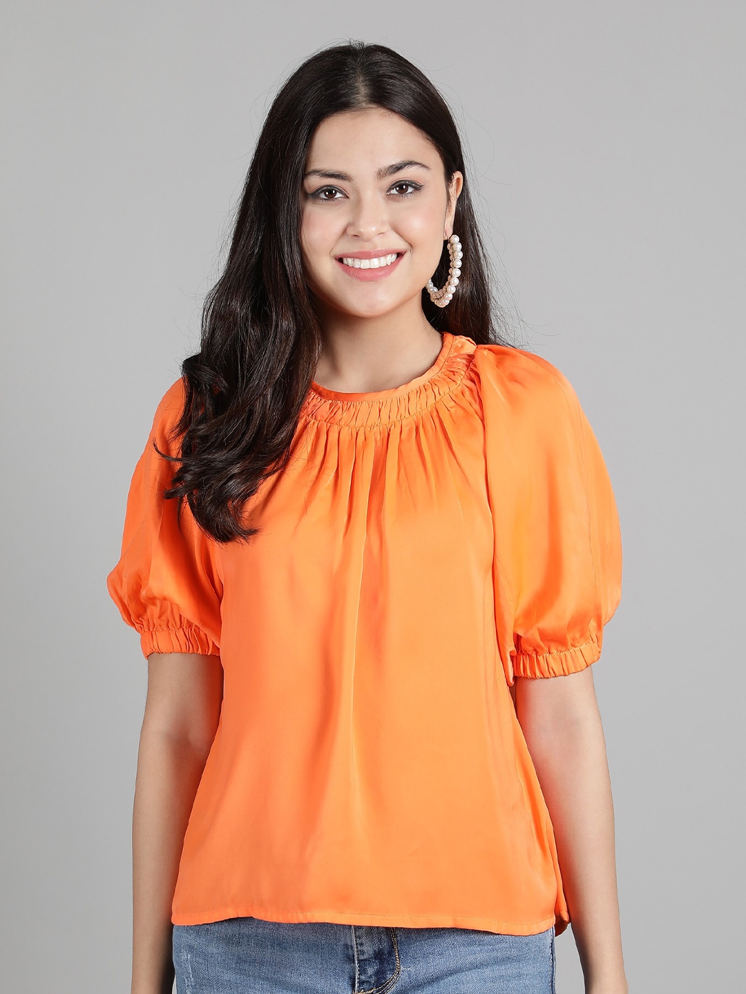 

NUEVOSDAMAS Puff Sleeve Blouson Top, Orange